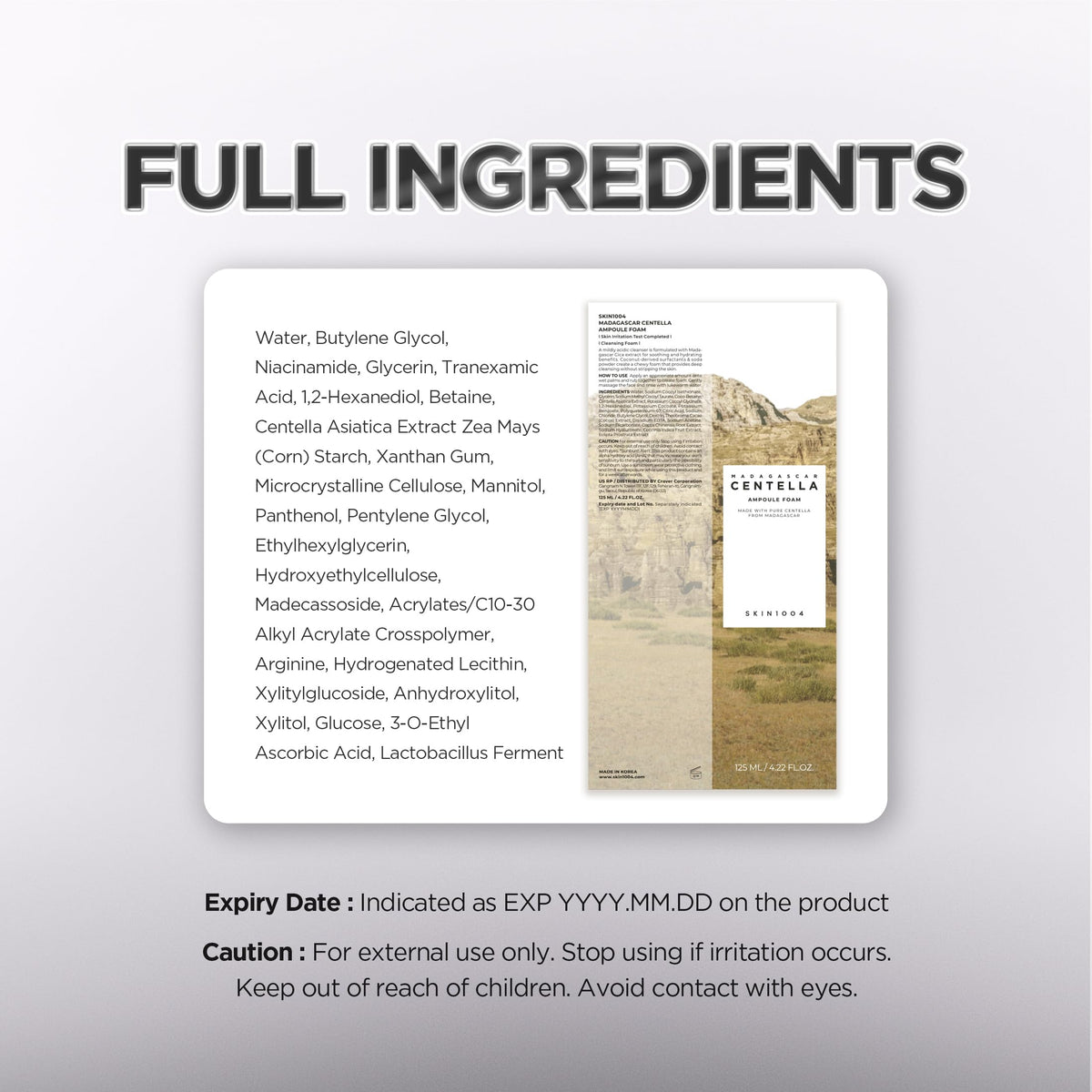 SKIN1004 box label and ingredient list for transparency and trust