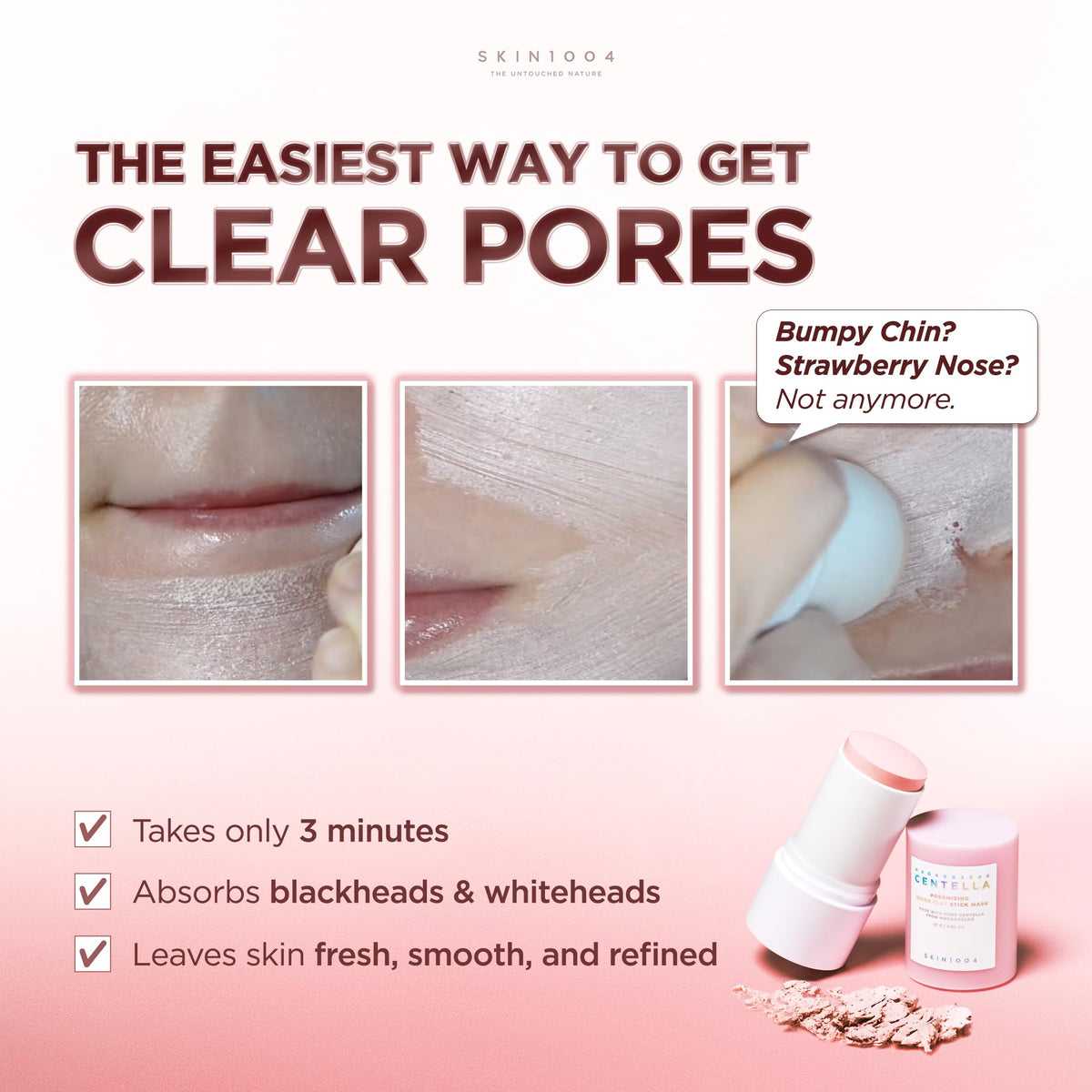 SKIN1004 applying stick to nose area, controls sebum and refines pores