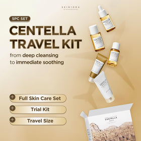 SKIN1004 flatlay of five travel items displaying complete centella routine benefits