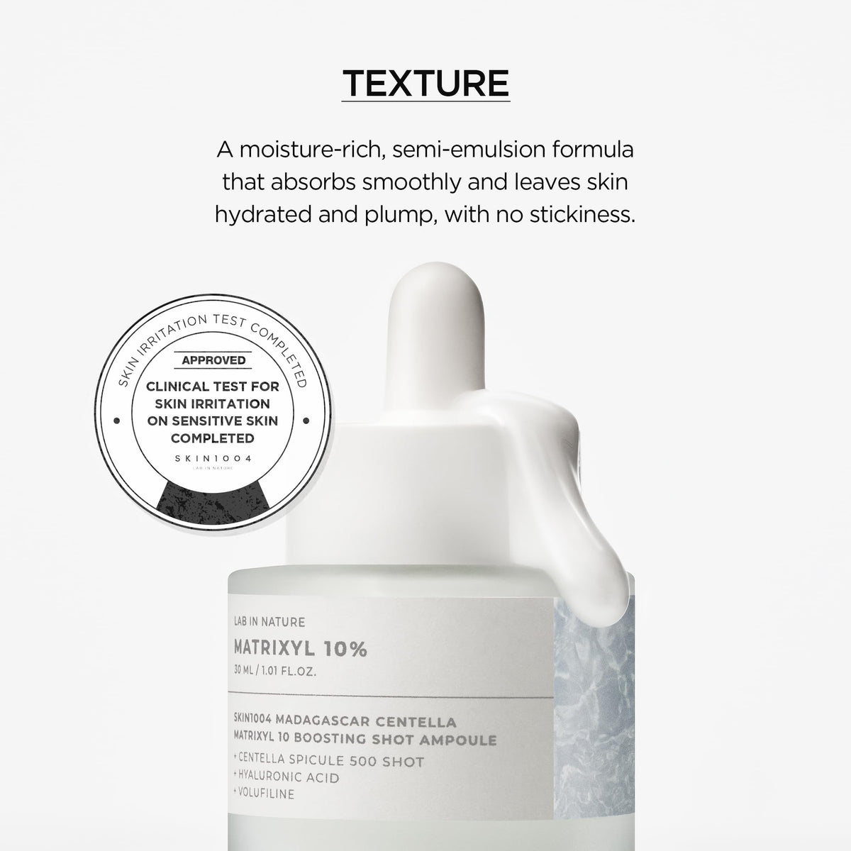 SKIN1004 label close-up showing Matrixyl, Volufiline and hyaluronic acid benefits