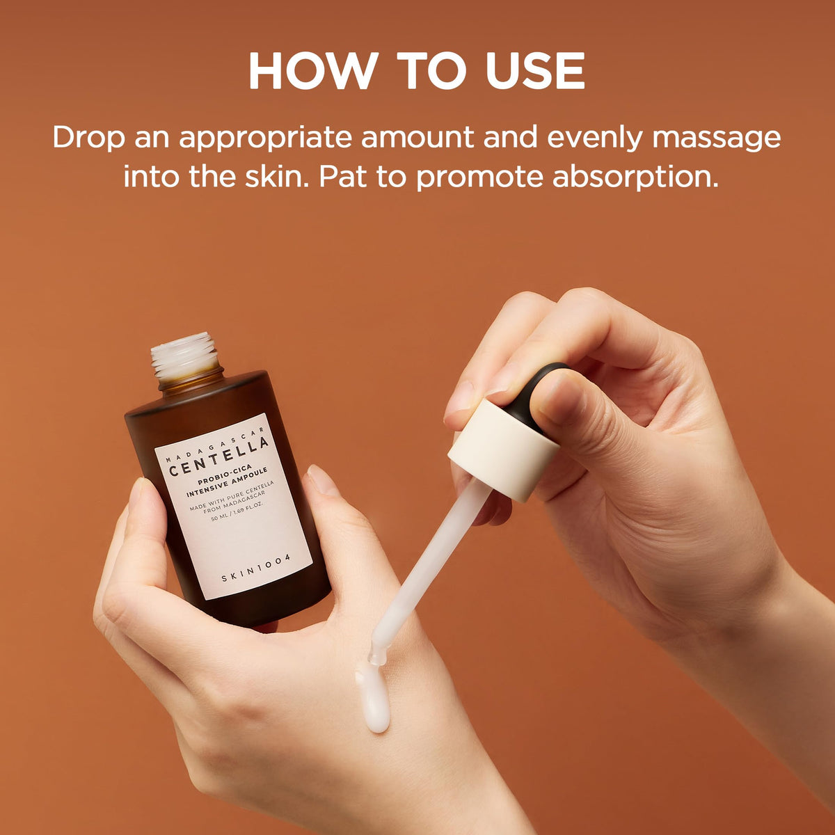SKIN1004 applying ampoule to hand illustrating smooth application and hydration