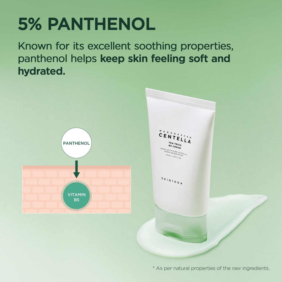 SKIN1004 ingredient label close-up showing centella and panthenol benefits