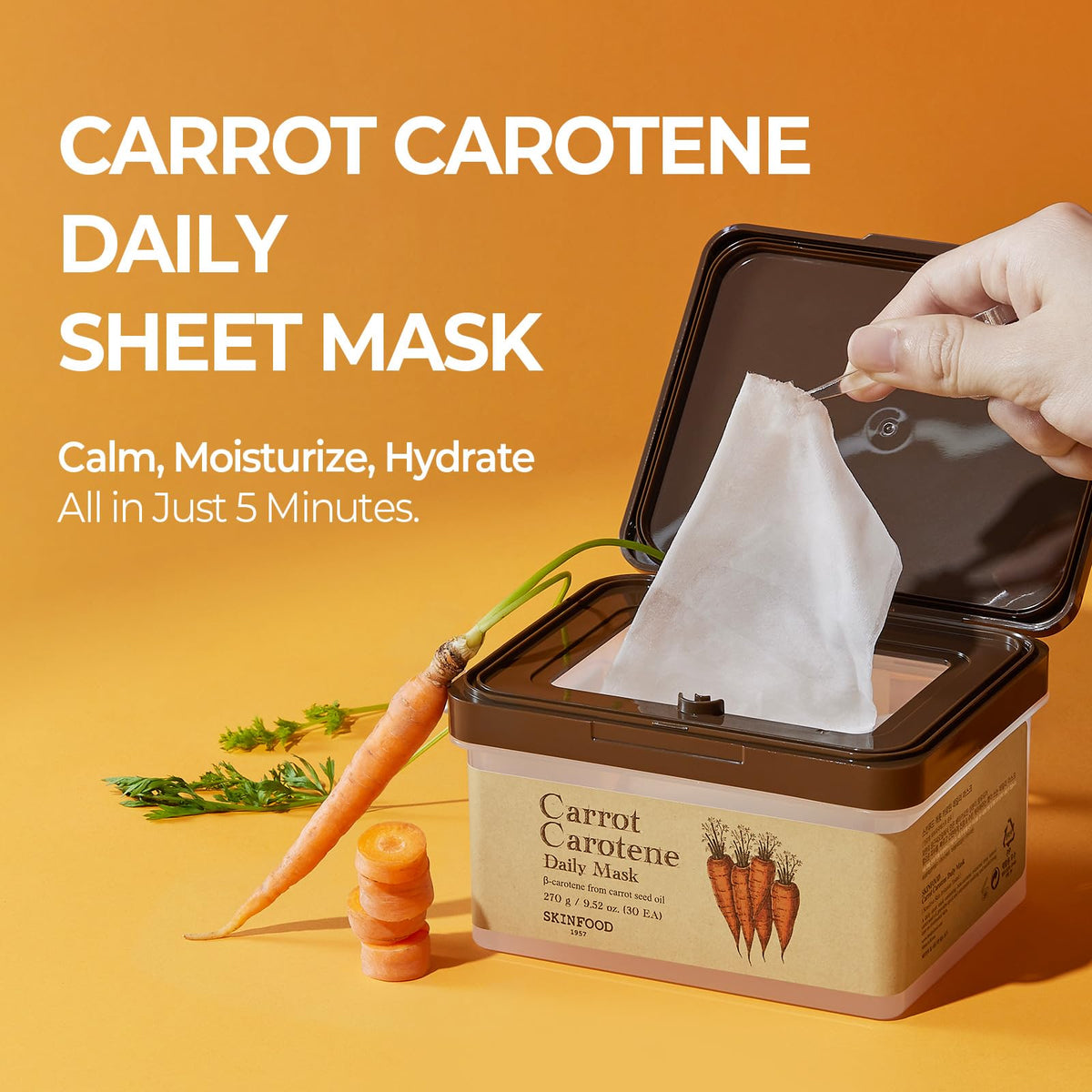 SKINFOOD carrot sheet close-up texture highlighting thin cellulose adhesion