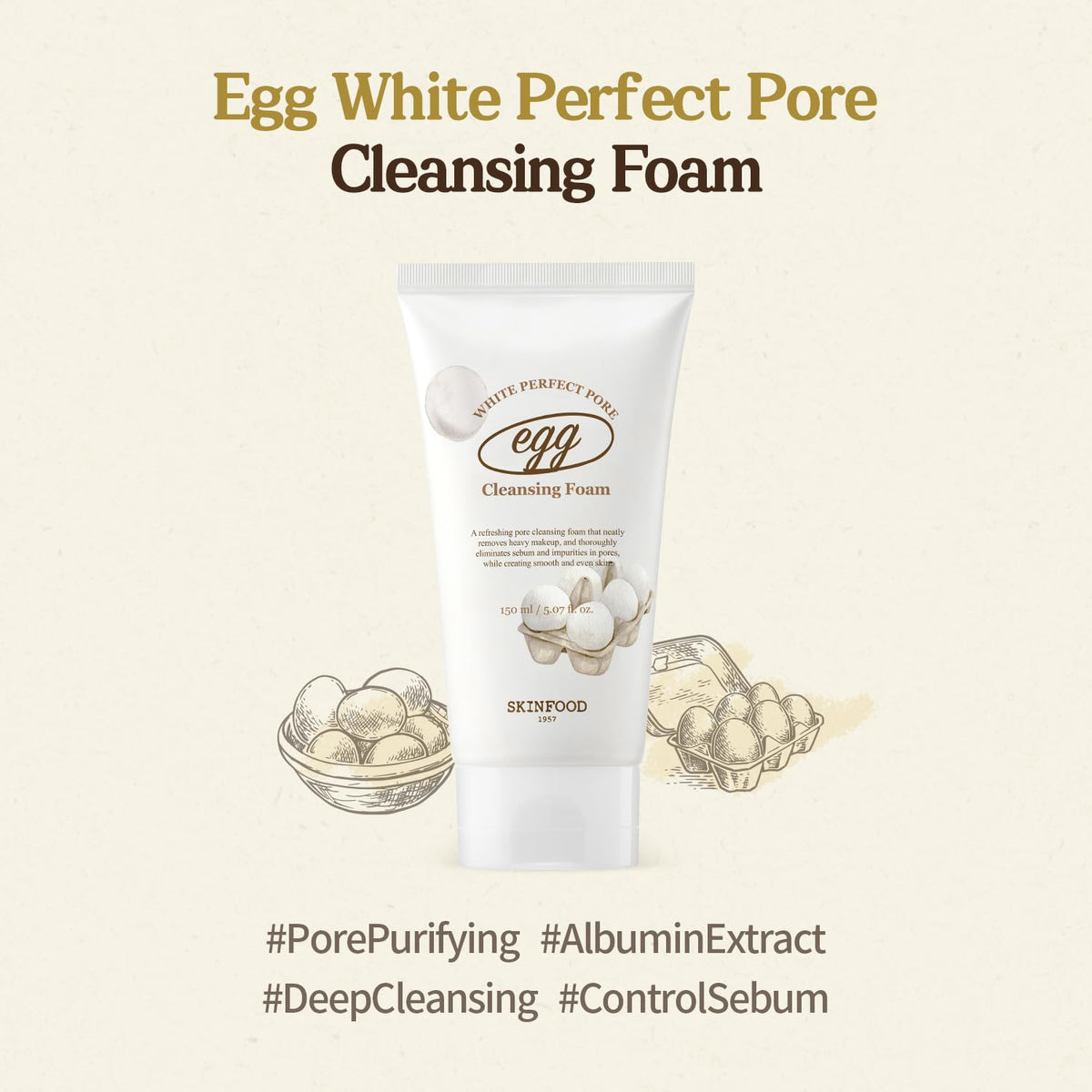 Close-up of SKINFOOD egg white foam texture illustrating rich lather and gentle cleansing action