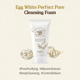 Close-up of SKINFOOD egg white foam texture illustrating rich lather and gentle cleansing action