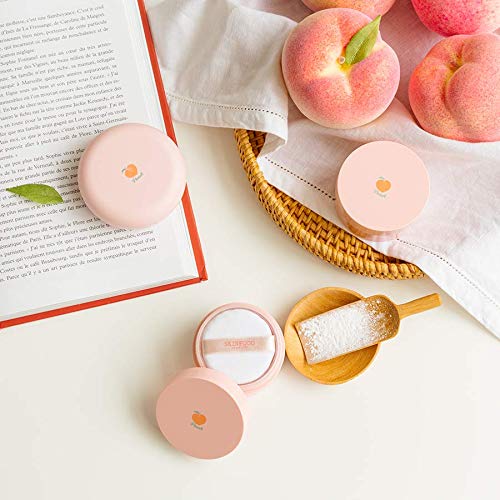 SKINFOOD 1957 lifestyle bag shot illustrating peach-scented powder as on-the-go essential