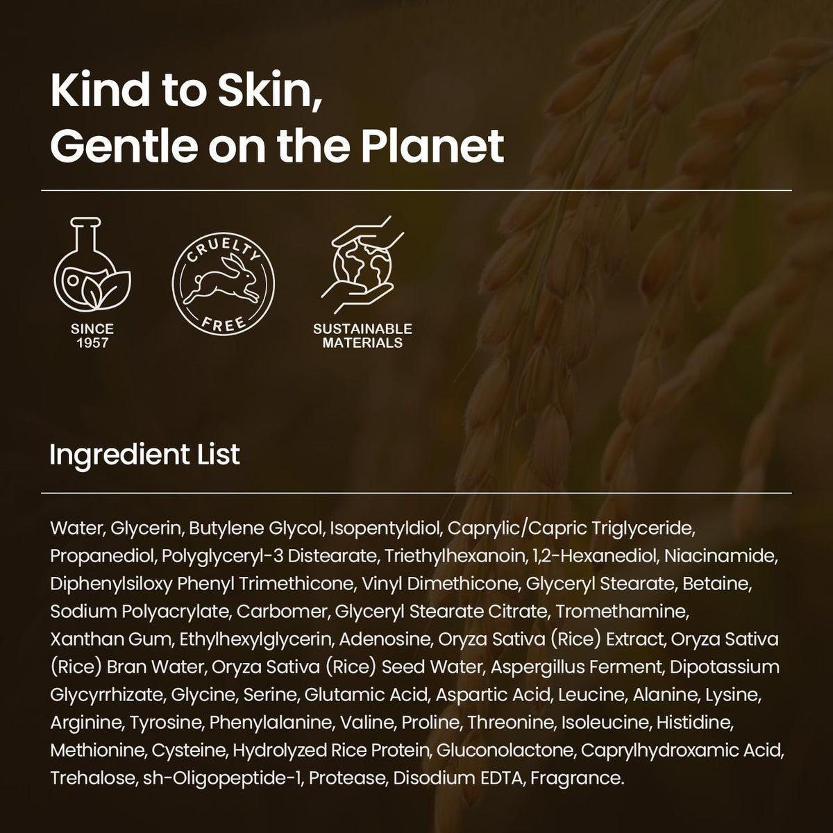 SKINFOOD 1957 label close-up highlighting fermented rice water feature