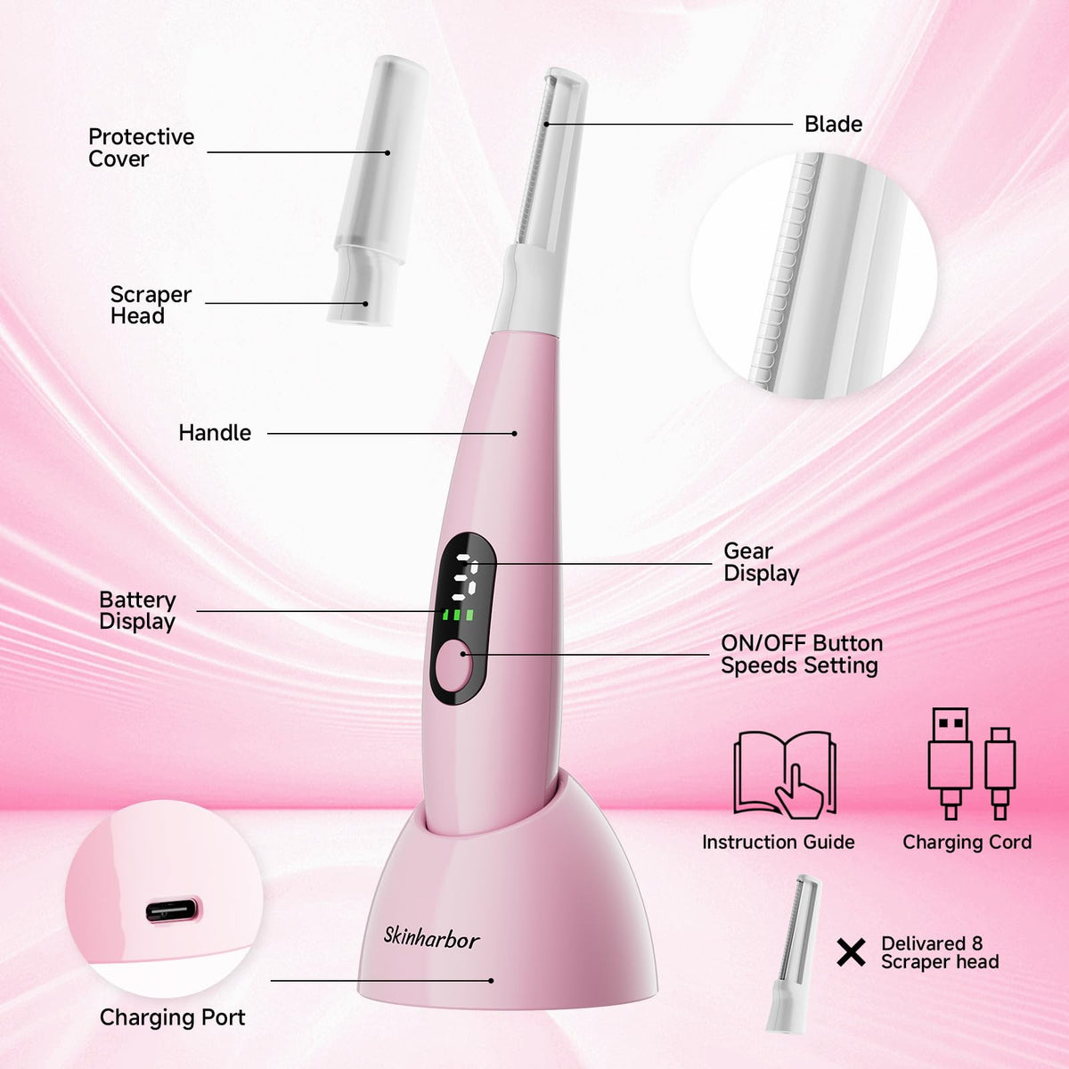 Skinharbor charging port and cable highlighting rechargeable cordless benefit