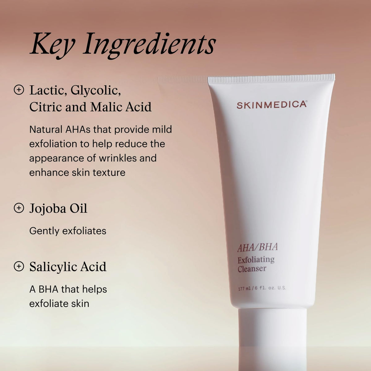 SkinMedica label image highlighting active AHA and BHA ingredients