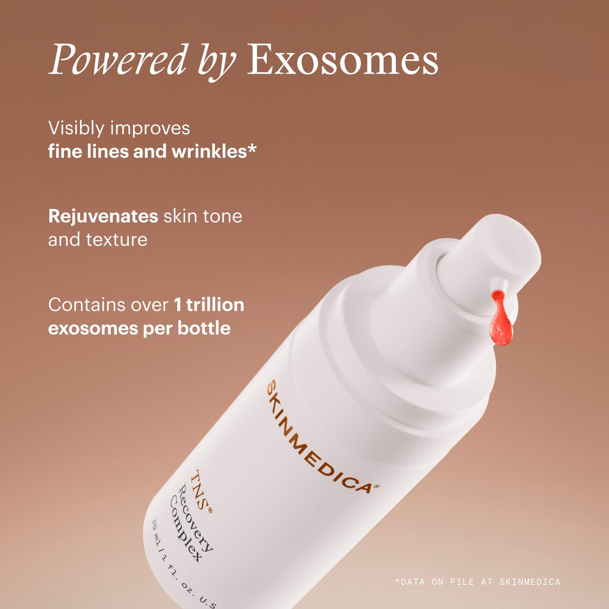 Close-up of SkinMedica product label highlighting growth factor and exosome formula benefits
