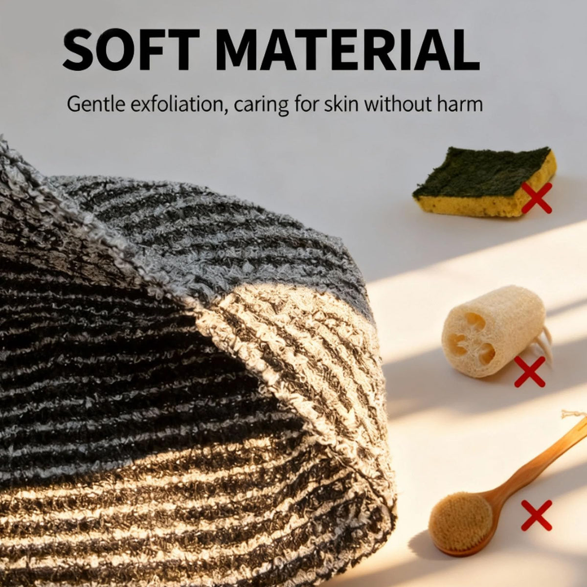 SkinMochi in use scrubbing a back to show reach and thorough cleansing benefit