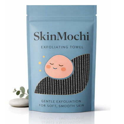 SkinMochi front view showing towel length and packaging benefit: full-body reach