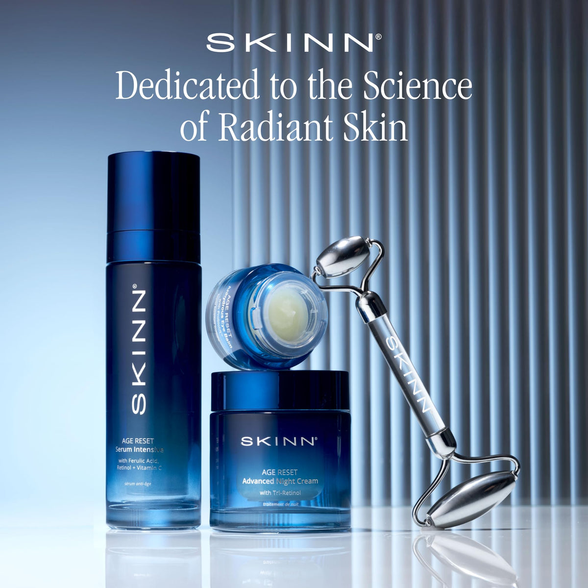 SKINN balm placed on bathroom shelf at night, evokes bedtime routine and restorative benefit