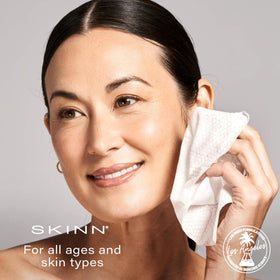 SKINN wipes on a bathroom vanity showing everyday skincare refreshment