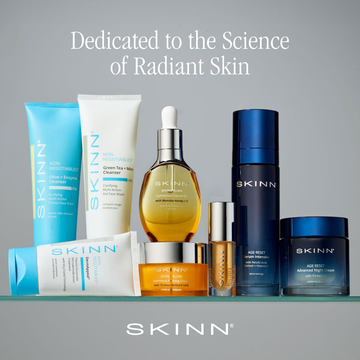 SKINN with green tea leaves and mint sprig showcasing botanical antioxidants