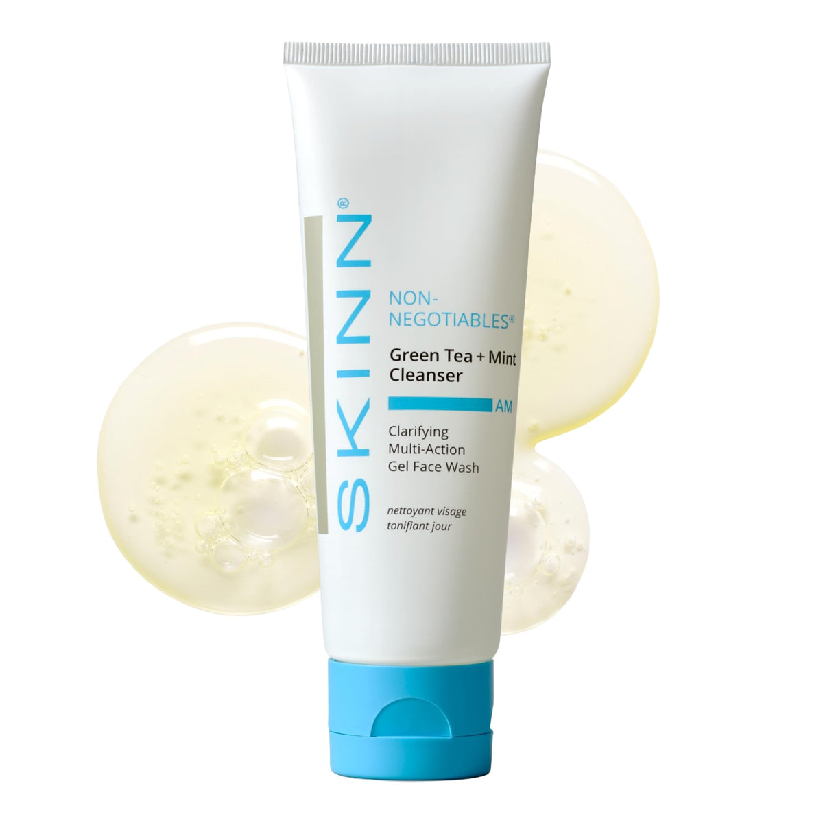 SKINN front packaging showing green tea and mint cleanser, refreshing start