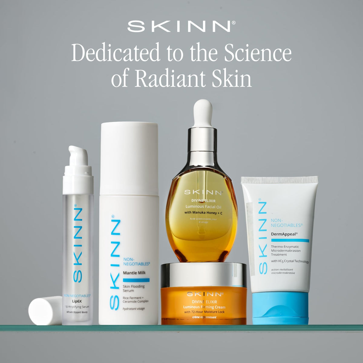 SKINN product on bathroom vanity styled with decor suggesting daily beauty routine