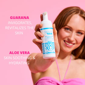 Skinny Tan label detail highlighting scent, ingredients, and usage benefit