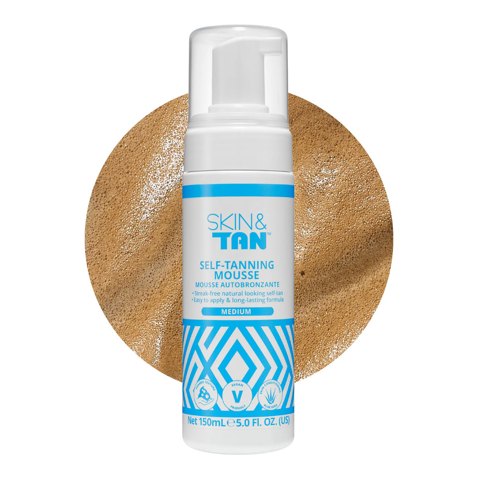 Skinny Tan front packaging showing mousse bottle and medium tan benefit