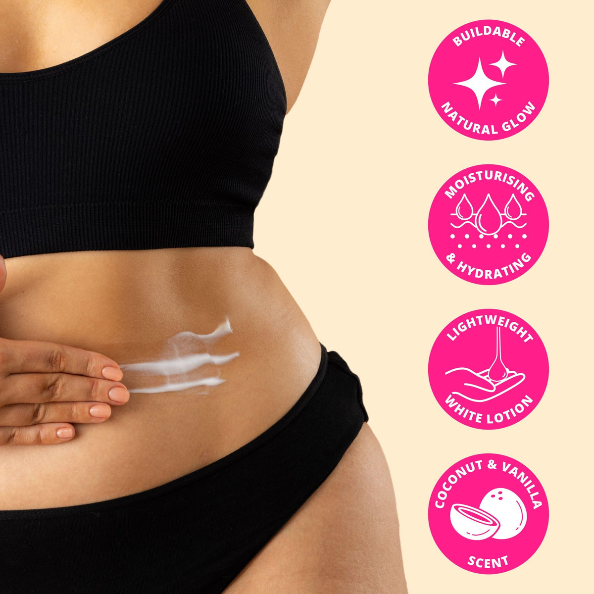 Skinny Tan ingredient label close-up, communicates vegan and cruelty-free benefits