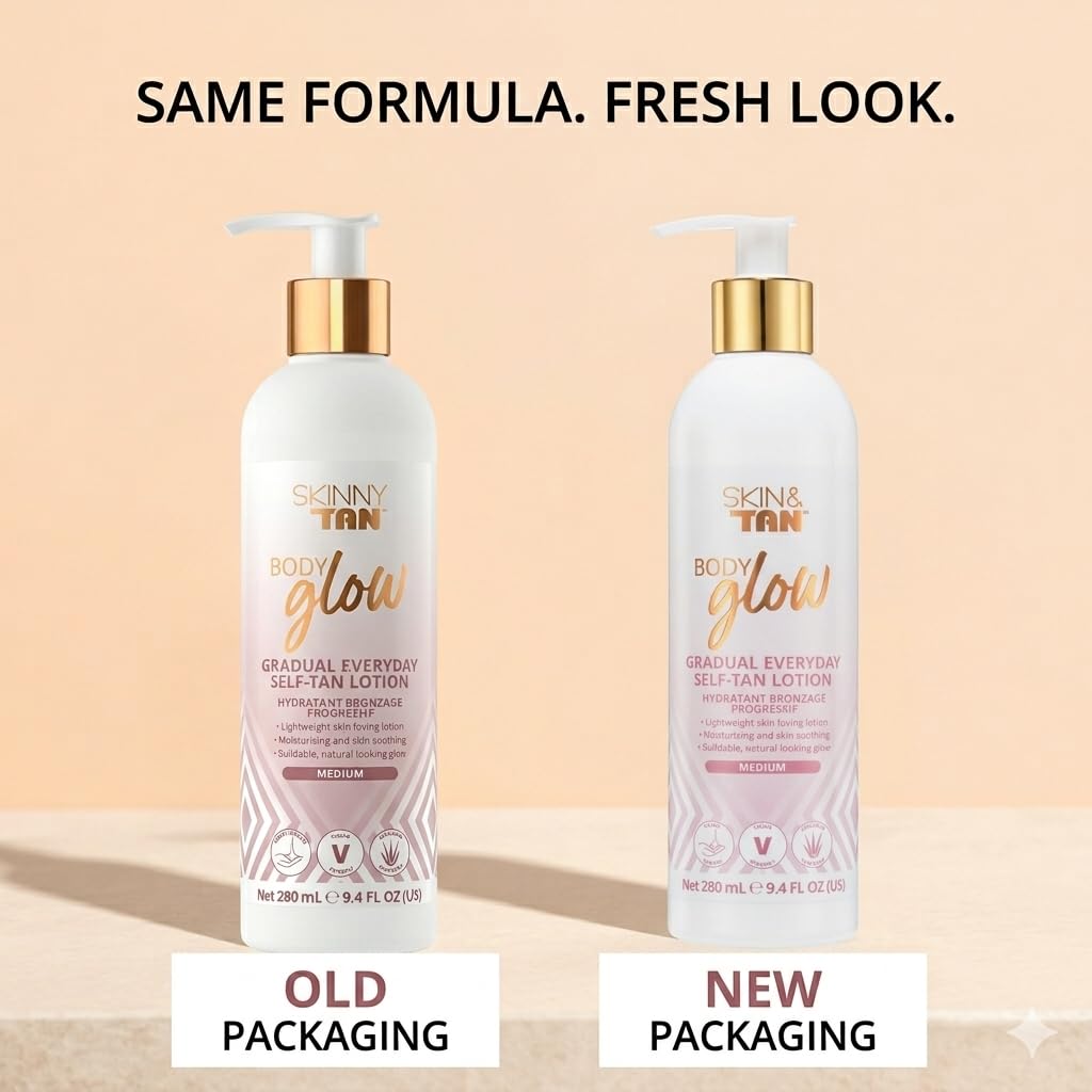 Skinny Tan bottle on a beach towel setting, suggests everyday sun-kissed radiance