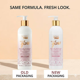 Skinny Tan bottle on a beach towel setting, suggests everyday sun-kissed radiance