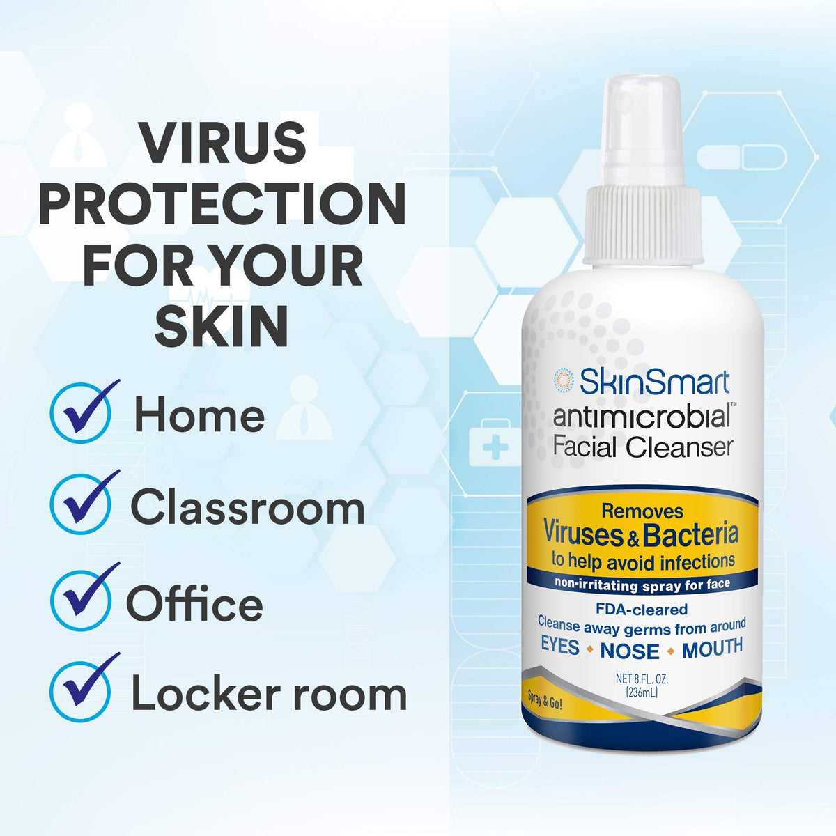 SkinSmart Antimicrobial spray applied under mask illustrating reduced irritation and fresher skin