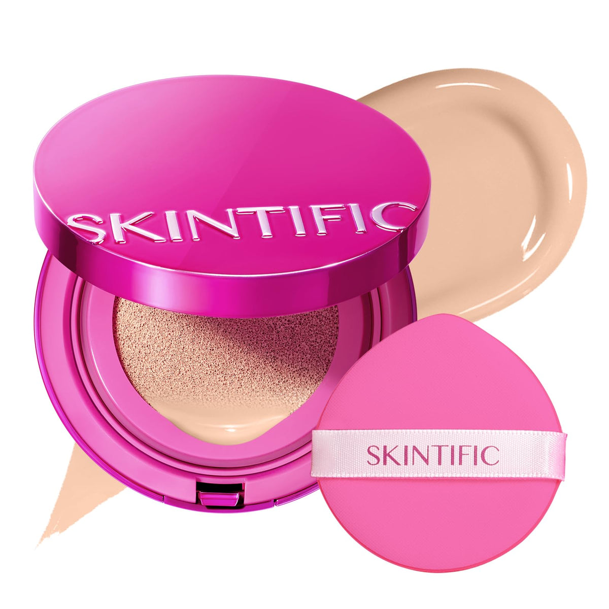 SKINTIFIC front compact showing cushion applicator and travel-ready design benefit
