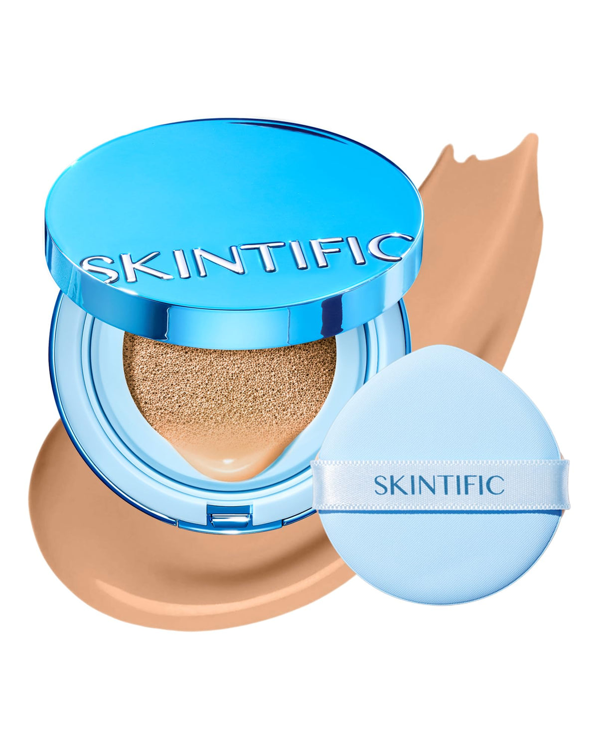 SKINTIFIC compact front view showing sleek design and shade label, easy identification benefit