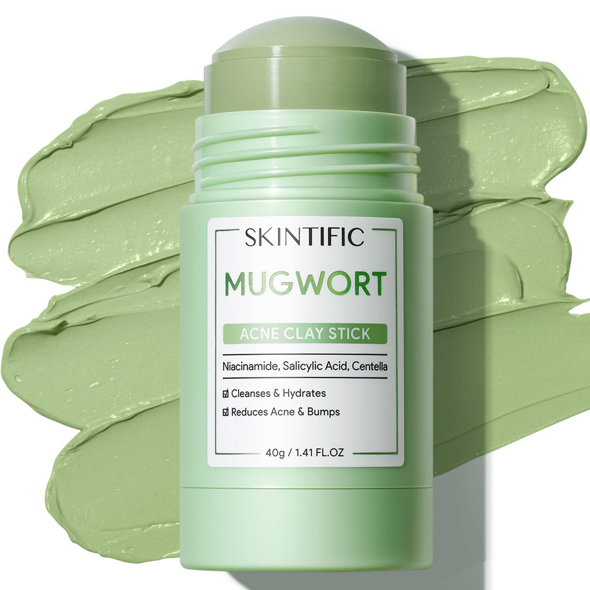 SKINTIFIC front packaging showing compact clay stick, easy targeted use