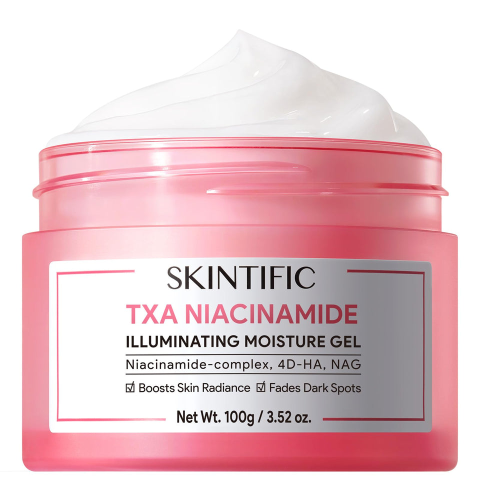 SKINTIFIC jar front view showing label and lightweight brightening cream benefit