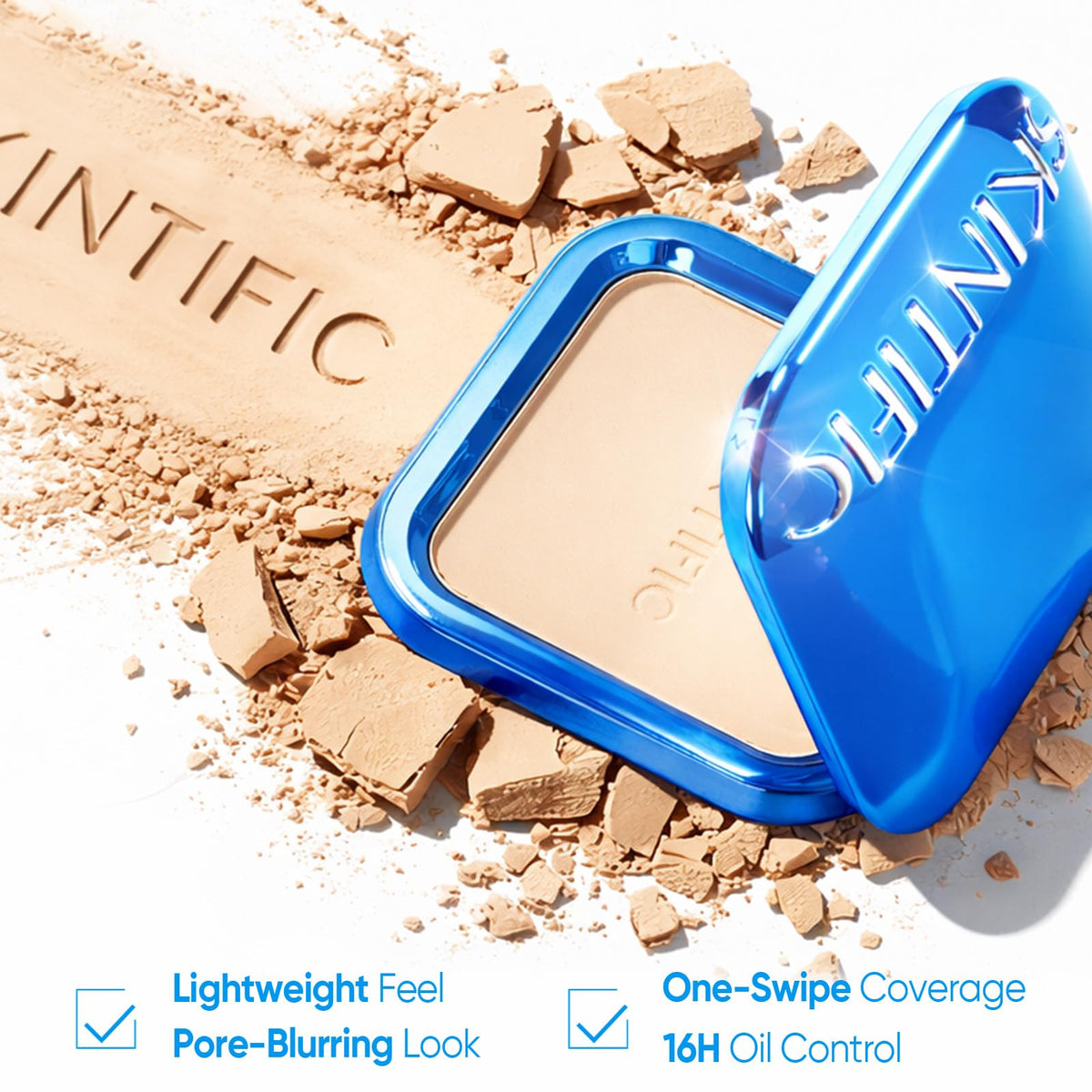 SKINTIFIC powder texture extreme close-up showing ultra-fine particles for pore-blurring