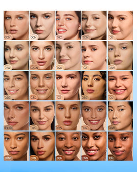 SKINTIFIC shade swatches including Blue #02 Ivory showing true-to-skin matching benefit