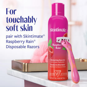 Skintimate raspberry rain placed in bathroom setting suggesting daily routine refresh