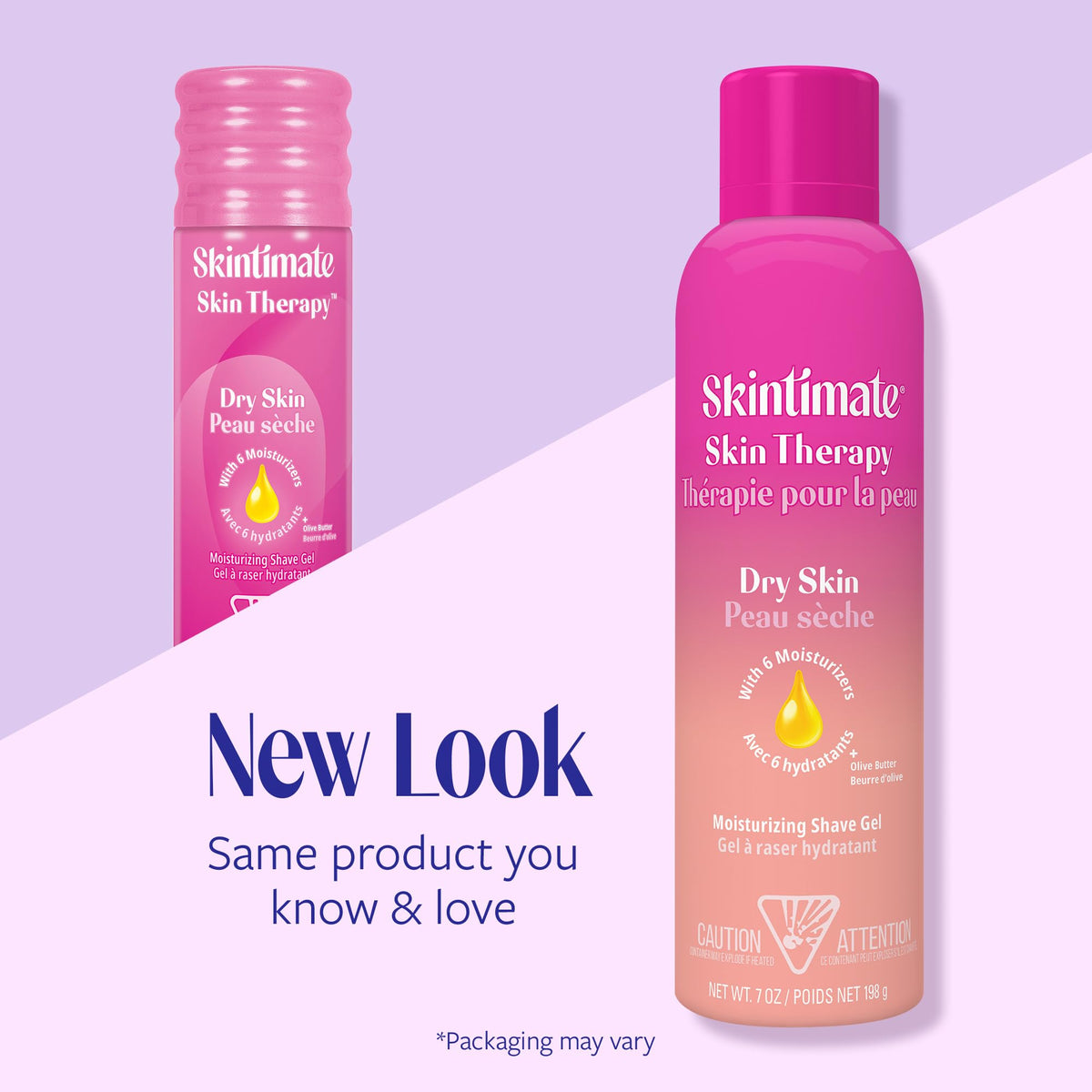 Skintimate 7oz can size comparison beside hand showing travel-friendly convenience benefit