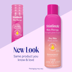 Skintimate 7oz can size comparison beside hand showing travel-friendly convenience benefit