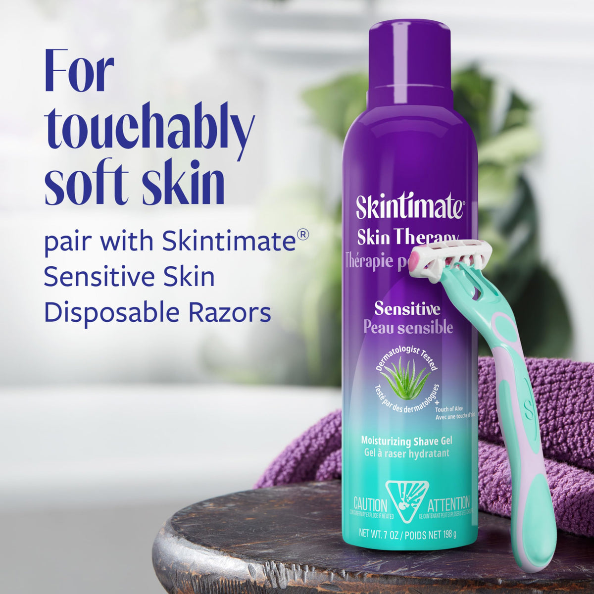 Skintimate woman shaving legs in bath for comfortable close shave