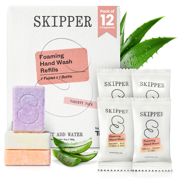 Skipper front packaging showing 12-pack and plastic-free benefit