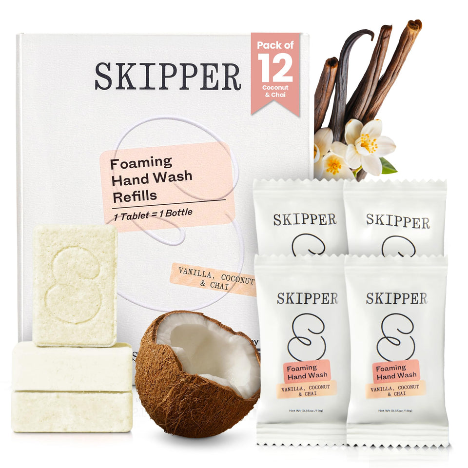 Skipper front packaging showing 12 tablets and scent labels, highlights waste reduction