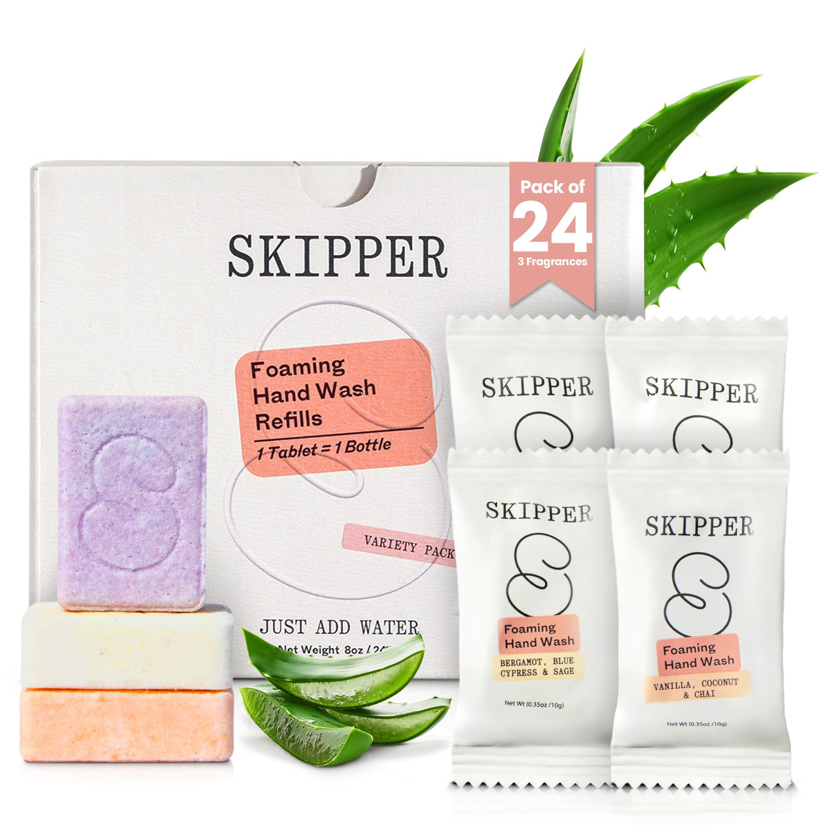 Skipper Tirtyl front packaging showing 24 tablet pack and variety fragrances benefit eco storage