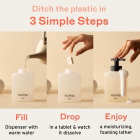 Skipper Tirtyl tablet close-up displaying texture and compact form for low-waste refills