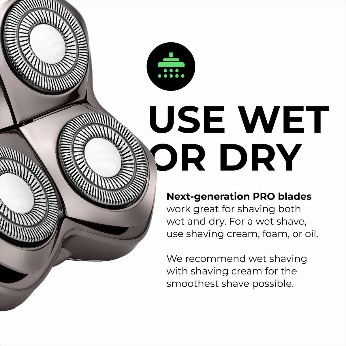 Skull Shaver replacement head used in shower demonstrating wet shaving convenience