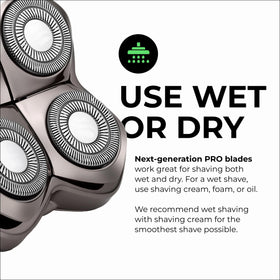 Skull Shaver replacement head used in shower demonstrating wet shaving convenience