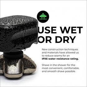 Skull Shaver Palm MX5 in shower demonstrating water-resistant wet and dry use benefit