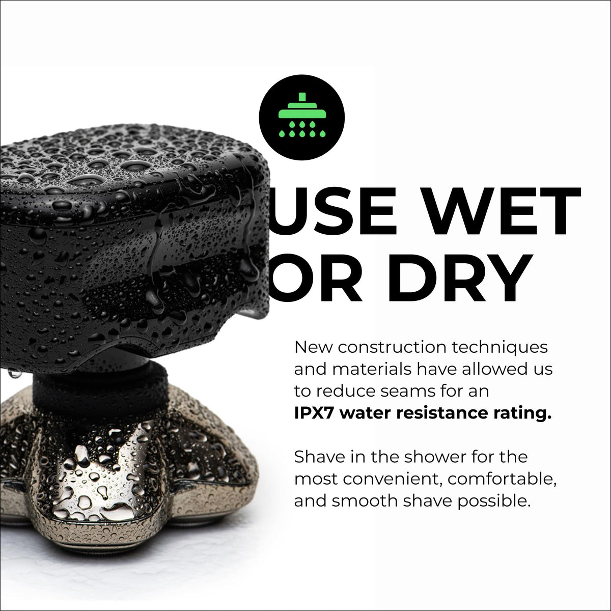 Skull Shaver used in shower demonstrating water-resistant wet shave convenience