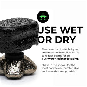Skull Shaver used in shower demonstrating water-resistant wet shave convenience