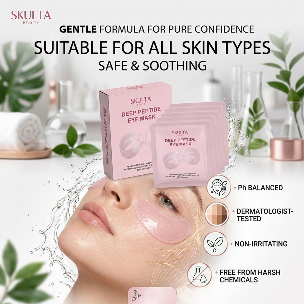 Skulta eye masks on a vanity suggesting travel-ready brightening