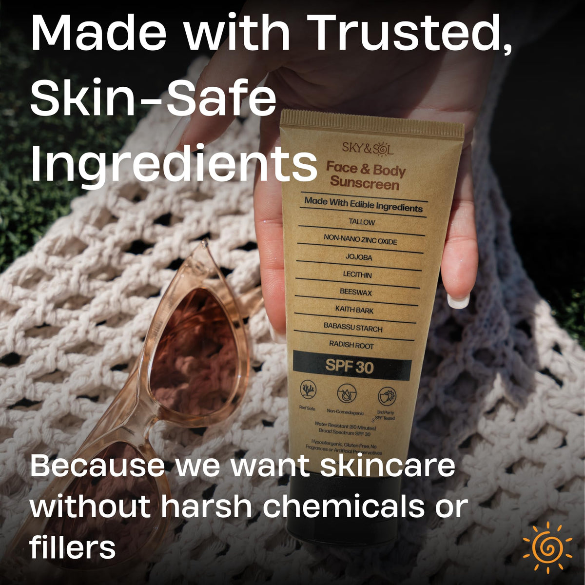 Sky and Sol sunscreen being rubbed into hand, shows quick-absorbing nourishment benefit