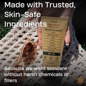 Sky and Sol sunscreen being rubbed into hand, shows quick-absorbing nourishment benefit