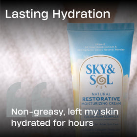 Sky and Sol jar next to towel after sun showing soothing recovery benefit